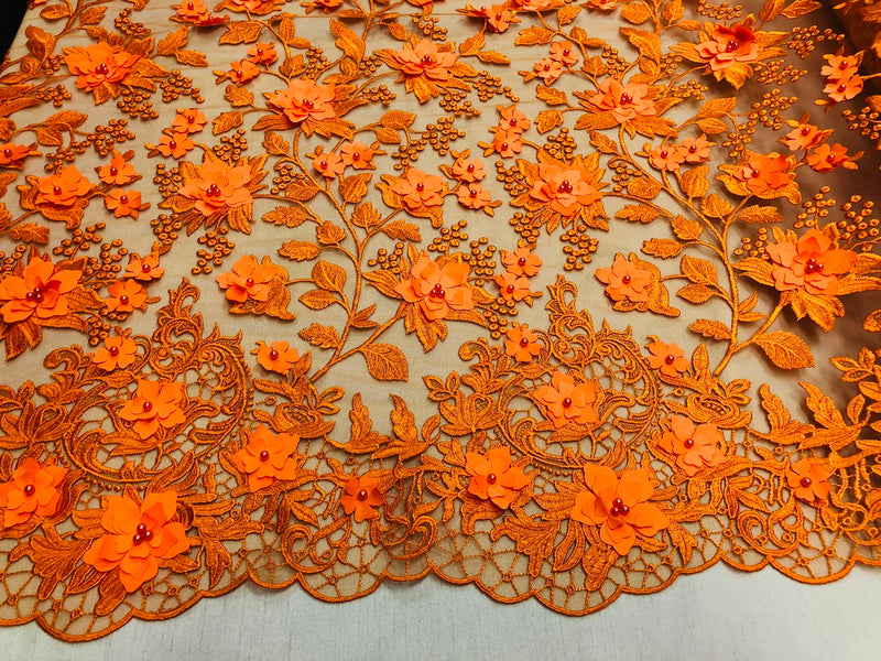 Flower 3D Fabric - Orange - Embroided Fabric Flower Pearls and Leaf Decor Sold by The Yard