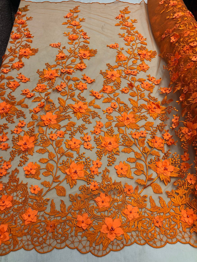 Flower 3D Fabric - Orange - Embroided Fabric Flower Pearls and Leaf Decor Sold by The Yard