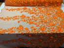 Flower 3D Fabric - Orange - Embroided Fabric Flower Pearls and Leaf Decor Sold by The Yard