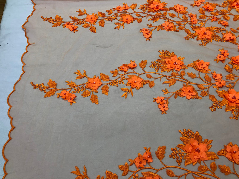 Flower 3D Fabric - Orange - Embroided Fabric Flower Pearls and Leaf Decor Sold by The Yard