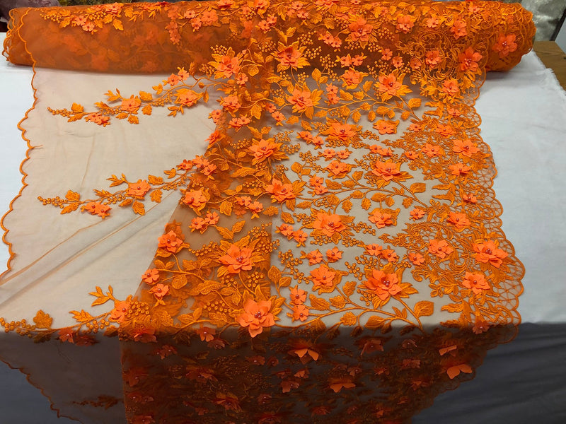 Flower 3D Fabric - Orange - Embroided Fabric Flower Pearls and Leaf Decor Sold by The Yard