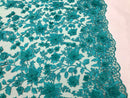 Teal 3D Floral Design Embroider With Pearls On A Mesh Lace Dresses-Prom-Nightgown By Yard