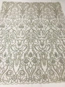 Glam Damask Beaded Fabric - Silver - Embroidered Elegant Fashion Fabric with Beads on Mesh