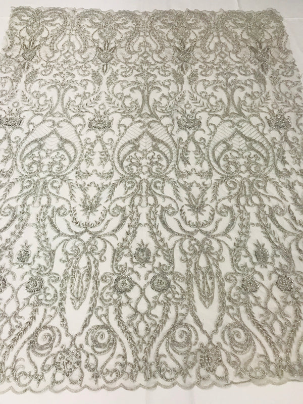 Glam Damask Beaded Fabric - Silver - Embroidered Elegant Fashion Fabric with Beads on Mesh