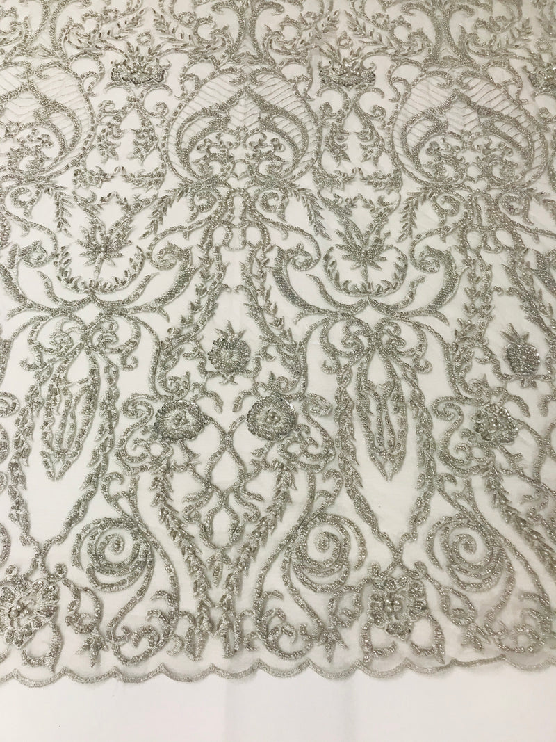 Glam Damask Beaded Fabric - Silver - Embroidered Elegant Fashion Fabric with Beads on Mesh