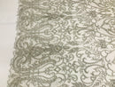 Glam Damask Beaded Fabric - Silver - Embroidered Elegant Fashion Fabric with Beads on Mesh