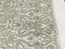 Glam Damask Beaded Fabric - Silver - Embroidered Elegant Fashion Fabric with Beads on Mesh