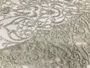 Glam Damask Beaded Fabric - Silver - Embroidered Elegant Fashion Fabric with Beads on Mesh