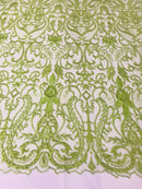 Glam Damask Beaded Fabric - Kiwi Green - Embroidered Elegant Fashion Fabric with Beads on Mesh