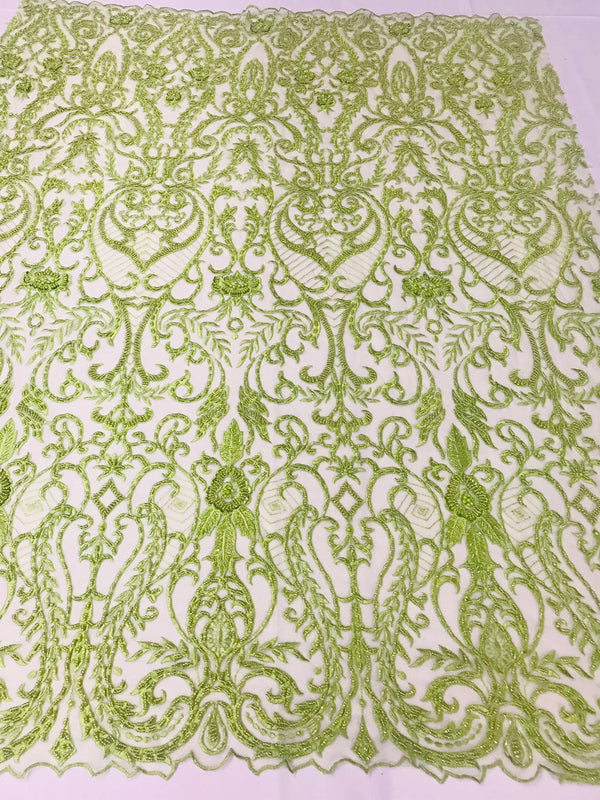 Glam Damask Beaded Fabric - Kiwi Green - Embroidered Elegant Fashion Fabric with Beads on Mesh