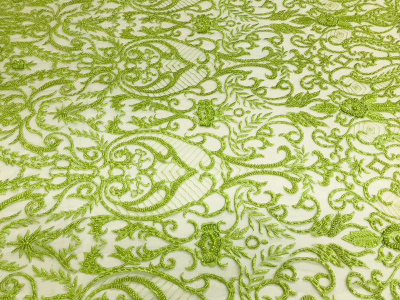 Glam Damask Beaded Fabric - Kiwi Green - Embroidered Elegant Fashion Fabric with Beads on Mesh