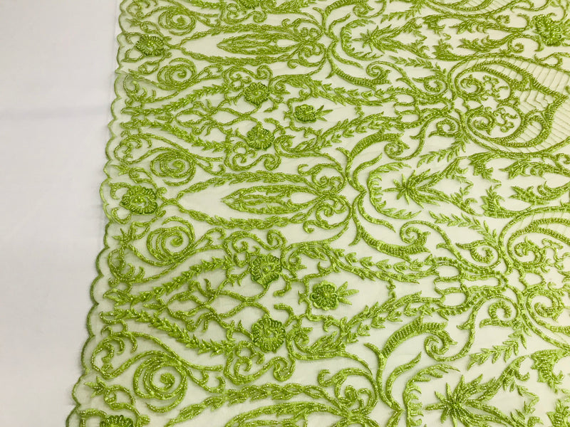 Glam Damask Beaded Fabric - Kiwi Green - Embroidered Elegant Fashion Fabric with Beads on Mesh