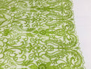 Glam Damask Beaded Fabric - Kiwi Green - Embroidered Elegant Fashion Fabric with Beads on Mesh