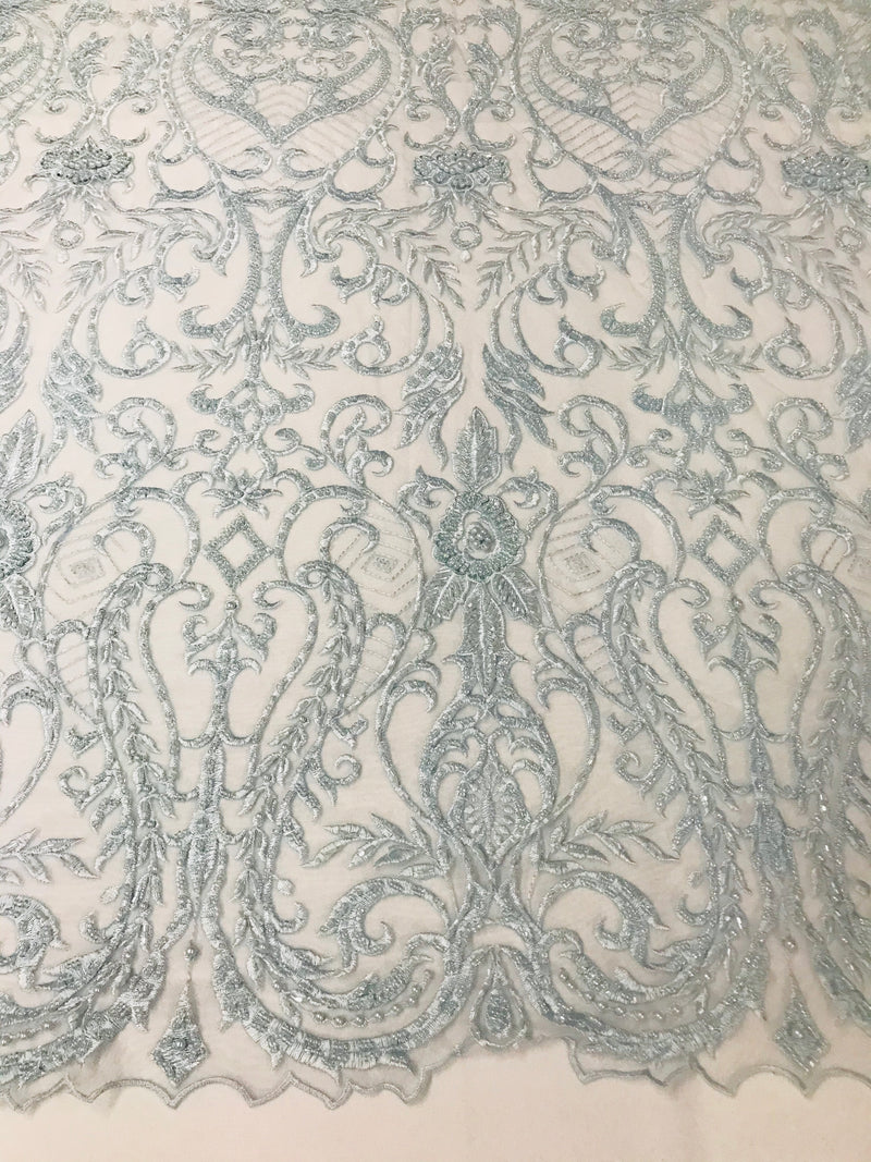 Glam Damask Beaded Fabric - Baby Blue - Embroidered Elegant Fashion Fabric with Beads on Mesh