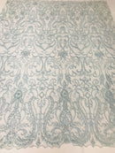 Glam Damask Beaded Fabric - Baby Blue - Embroidered Elegant Fashion Fabric with Beads on Mesh