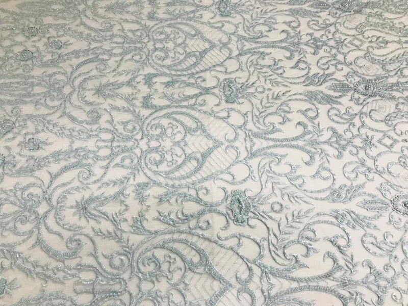 Glam Damask Beaded Fabric - Baby Blue - Embroidered Elegant Fashion Fabric with Beads on Mesh