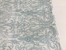 Glam Damask Beaded Fabric - Baby Blue - Embroidered Elegant Fashion Fabric with Beads on Mesh