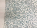 Glam Damask Beaded Fabric - Baby Blue - Embroidered Elegant Fashion Fabric with Beads on Mesh
