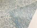 Glam Damask Beaded Fabric - Baby Blue - Embroidered Elegant Fashion Fabric with Beads on Mesh