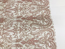 Glam Damask Beaded Fabric - Rose Gold - Embroidered Elegant Fashion Fabric with Beads on Mesh