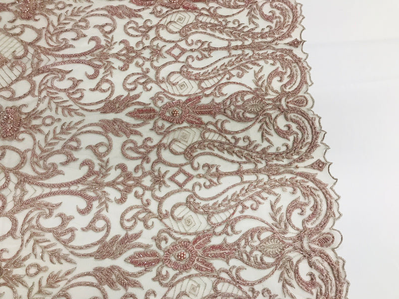 Glam Damask Beaded Fabric - Rose Gold - Embroidered Elegant Fashion Fabric with Beads on Mesh