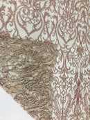 Glam Damask Beaded Fabric - Rose Gold - Embroidered Elegant Fashion Fabric with Beads on Mesh
