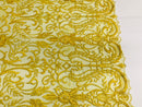 Glam Damask Beaded Fabric - Yellow - Embroidered Elegant Fashion Fabric with Beads on Mesh