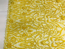 Glam Damask Beaded Fabric - Yellow - Embroidered Elegant Fashion Fabric with Beads on Mesh