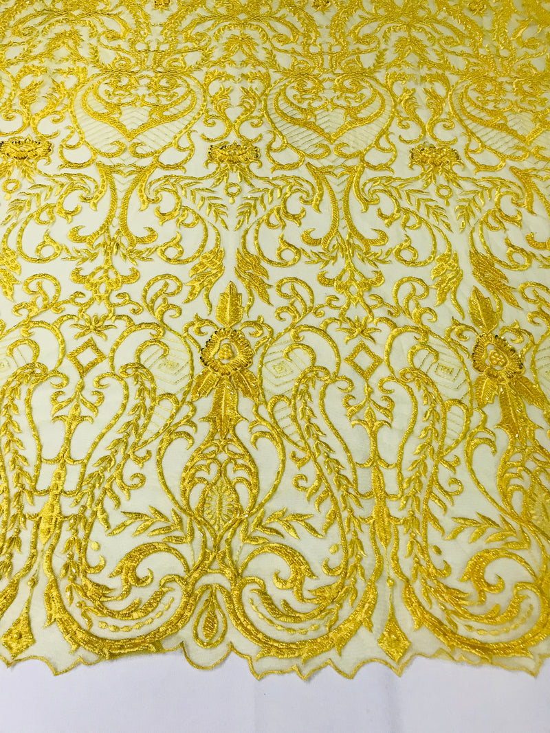 Glam Damask Beaded Fabric - Yellow - Embroidered Elegant Fashion Fabric with Beads on Mesh