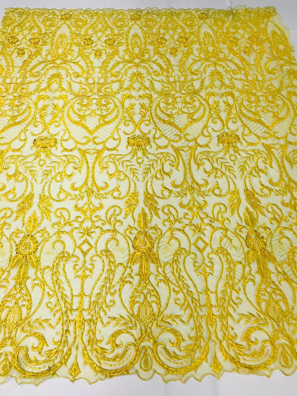 Glam Damask Beaded Fabric - Yellow - Embroidered Elegant Fashion Fabric with Beads on Mesh