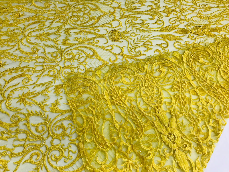 Glam Damask Beaded Fabric - Yellow - Embroidered Elegant Fashion Fabric with Beads on Mesh