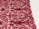 Glam Damask Beaded Fabric - Burgundy - Embroidered Elegant Fashion Fabric with Beads on Mesh