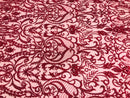 Glam Damask Beaded Fabric - Burgundy - Embroidered Elegant Fashion Fabric with Beads on Mesh
