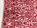 Glam Damask Beaded Fabric - Burgundy - Embroidered Elegant Fashion Fabric with Beads on Mesh