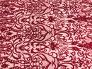 Glam Damask Beaded Fabric - Burgundy - Embroidered Elegant Fashion Fabric with Beads on Mesh
