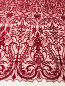 Glam Damask Beaded Fabric - Burgundy - Embroidered Elegant Fashion Fabric with Beads on Mesh