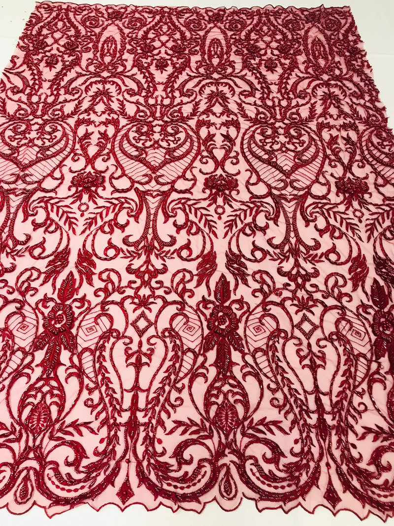 Glam Damask Beaded Fabric - Burgundy - Embroidered Elegant Fashion Fabric with Beads on Mesh