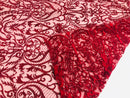 Glam Damask Beaded Fabric - Burgundy - Embroidered Elegant Fashion Fabric with Beads on Mesh
