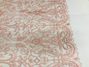 Glam Damask Beaded Fabric - Blush Pink - Embroidered Elegant Fashion Fabric with Beads on Mesh
