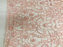 Glam Damask Beaded Fabric - Blush Pink - Embroidered Elegant Fashion Fabric with Beads on Mesh