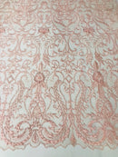 Glam Damask Beaded Fabric - Blush Pink - Embroidered Elegant Fashion Fabric with Beads on Mesh