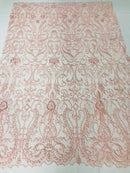 Glam Damask Beaded Fabric - Blush Pink - Embroidered Elegant Fashion Fabric with Beads on Mesh