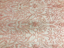Glam Damask Beaded Fabric - Blush Pink - Embroidered Elegant Fashion Fabric with Beads on Mesh