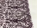 Glam Damask Beaded Fabric - Plum - Embroidered Elegant Fashion Fabric with Beads on Mesh