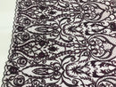 Glam Damask Beaded Fabric - Plum - Embroidered Elegant Fashion Fabric with Beads on Mesh