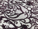 Glam Damask Beaded Fabric - Plum - Embroidered Elegant Fashion Fabric with Beads on Mesh