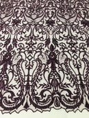 Glam Damask Beaded Fabric - Plum - Embroidered Elegant Fashion Fabric with Beads on Mesh