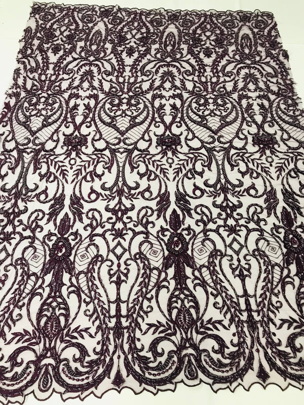 Glam Damask Beaded Fabric - Plum - Embroidered Elegant Fashion Fabric with Beads on Mesh