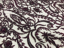 Glam Damask Beaded Fabric - Plum - Embroidered Elegant Fashion Fabric with Beads on Mesh