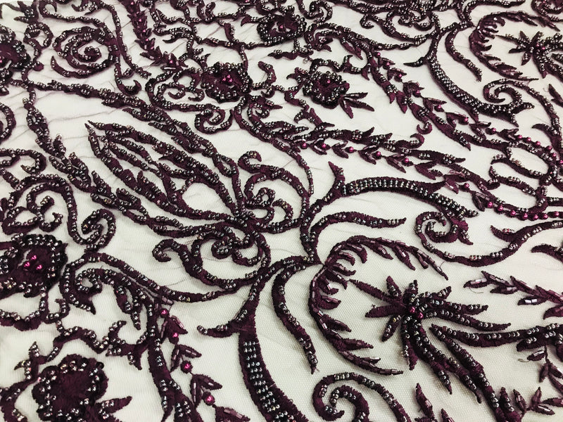 Glam Damask Beaded Fabric - Plum - Embroidered Elegant Fashion Fabric with Beads on Mesh